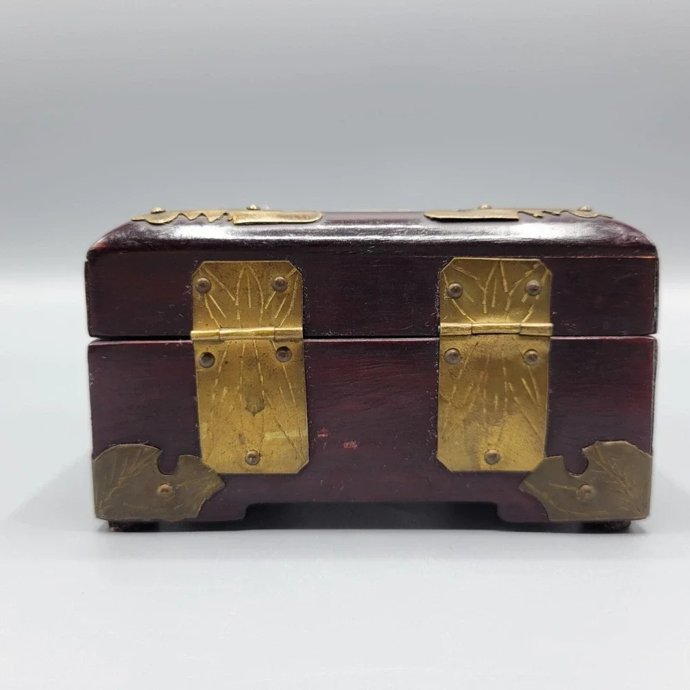 Vtg Chinese Wood Brass Carved White Jade Medallion Ornate Jewelry Box 4.25